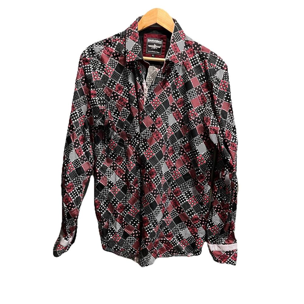 Vintage Barabas Black Pink Check Graphic Men's Button Up Collared Dress Shirt XL